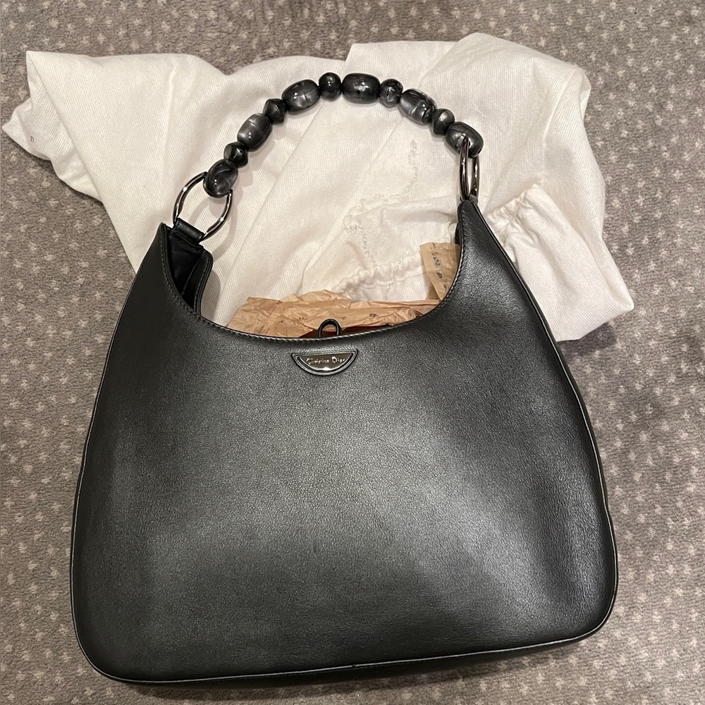 Dior gray Leather Shoulder Bag with Beaded Handle